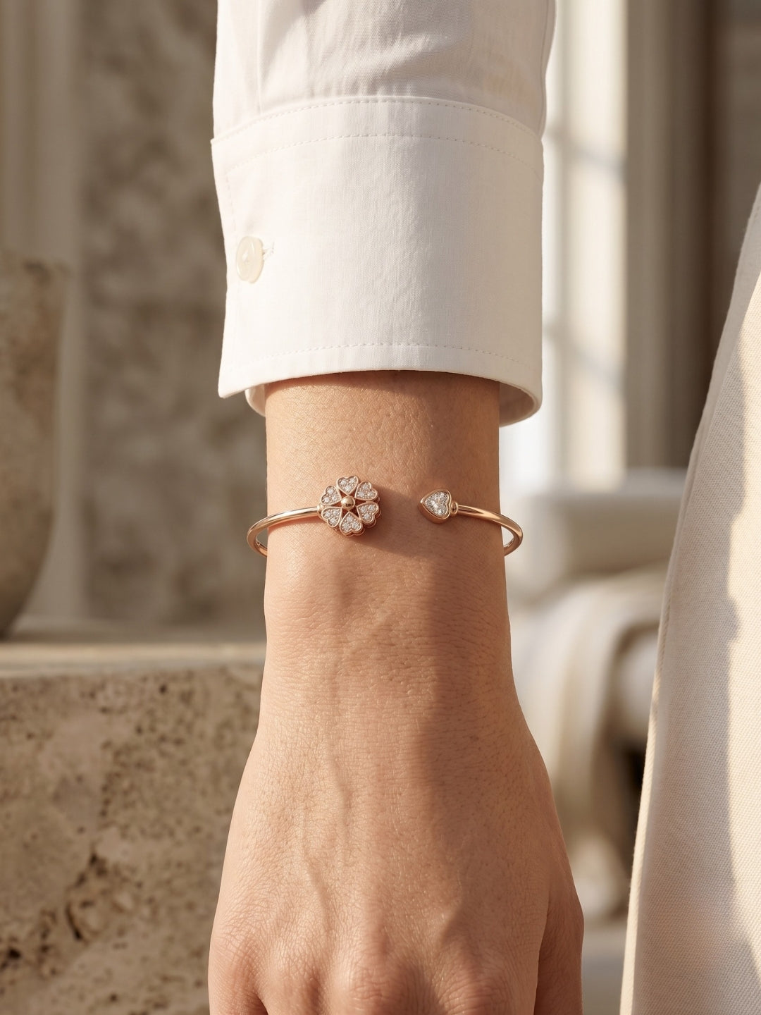 92.5 Sterling Silver Blossom Heart Open Cuff Bracelet for Women