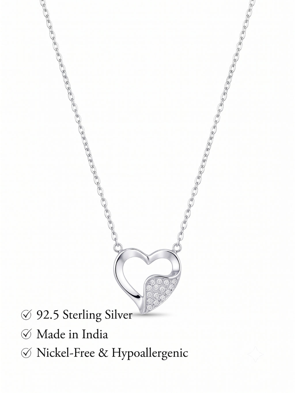 925 Sterling Pure Silver Radiant Pavé Heart Necklace for Women