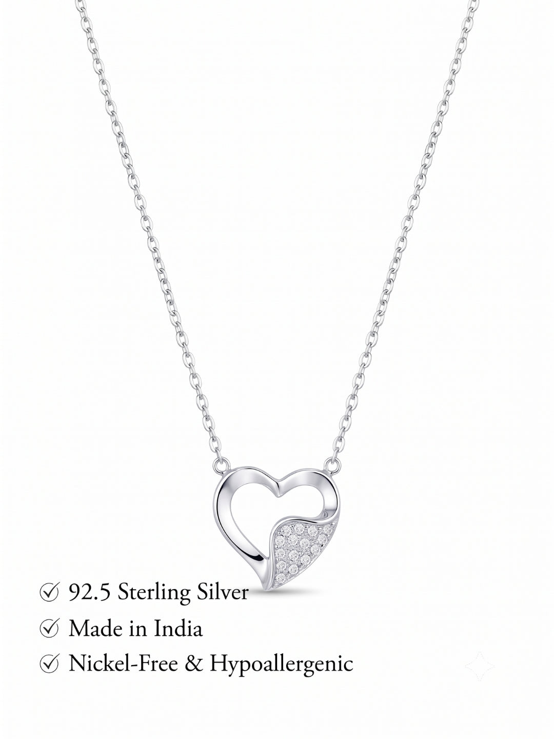 925 Sterling Pure Silver Radiant Pavé Heart Necklace for Women