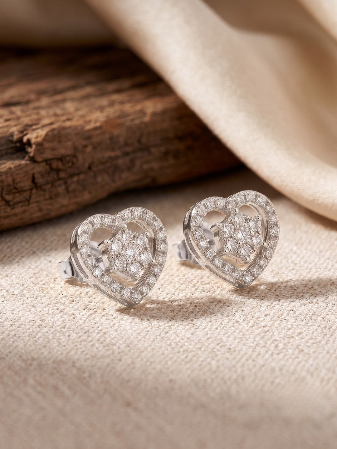 925 Silver Heart Sparkle Stud Earrings for Women