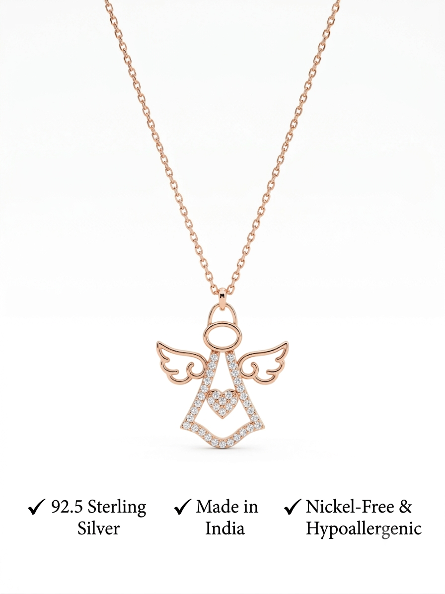 925 Sterling Silver Heart Angel Pendant Necklace for Women