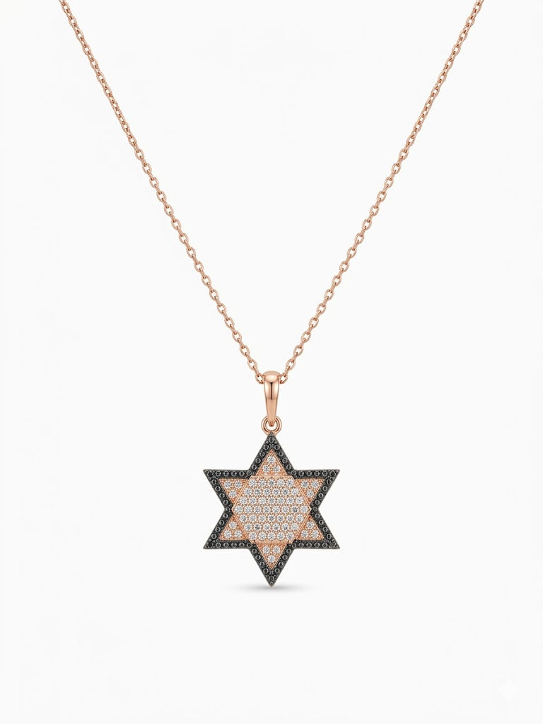 925 Sterling Silver Rose Gold Plated Black & White CZ Star Pendant Necklace for Women