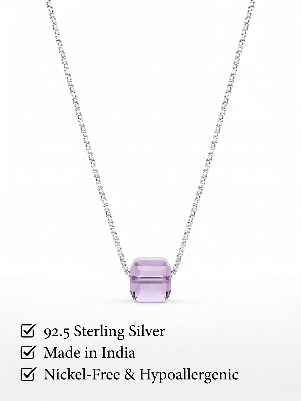 925 Sterling Silver Emerald-Cut Purple Solitaire Pendant Necklace for Women