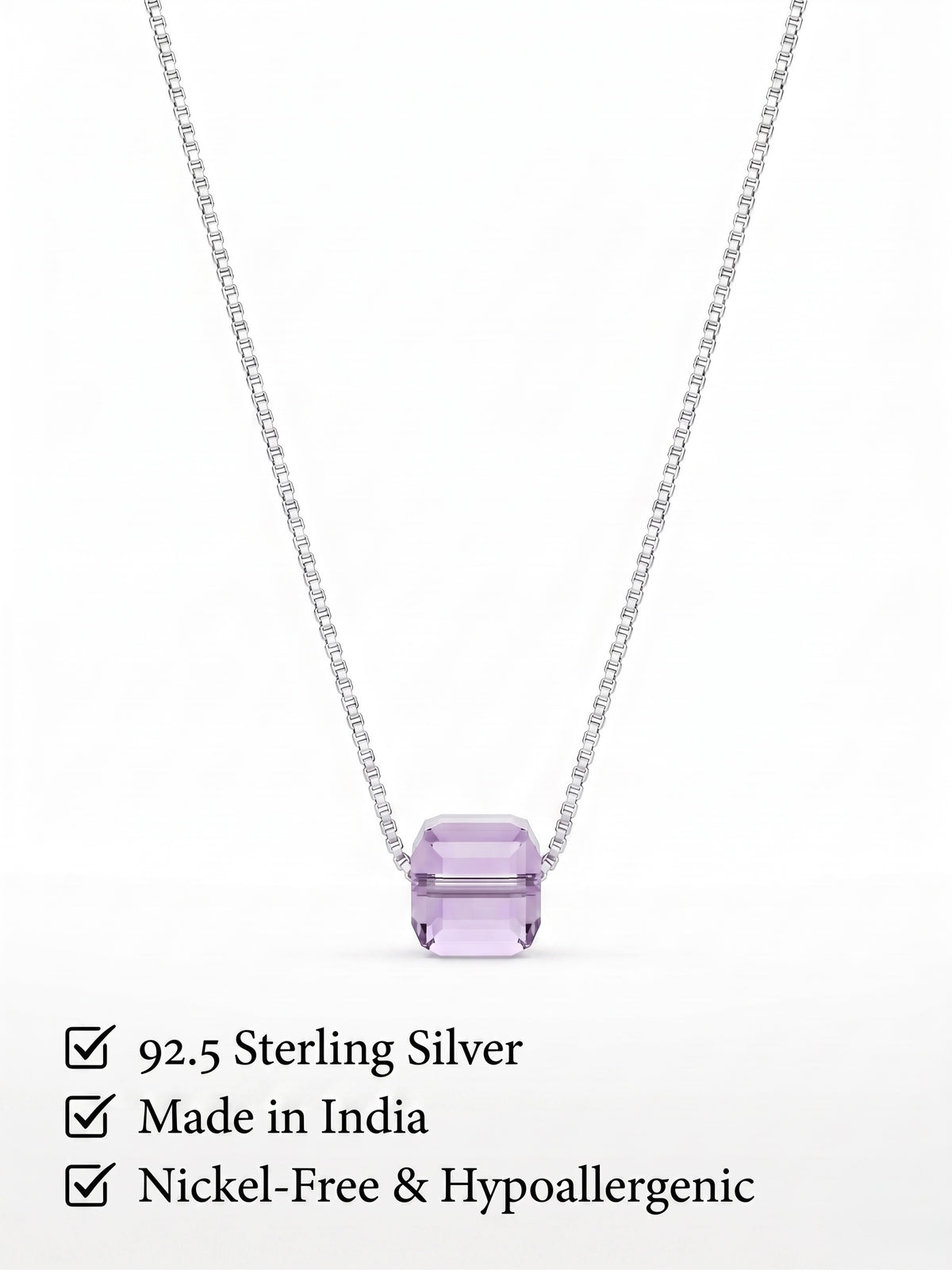 925 Sterling Silver Emerald-Cut Purple Solitaire Pendant Necklace for Women