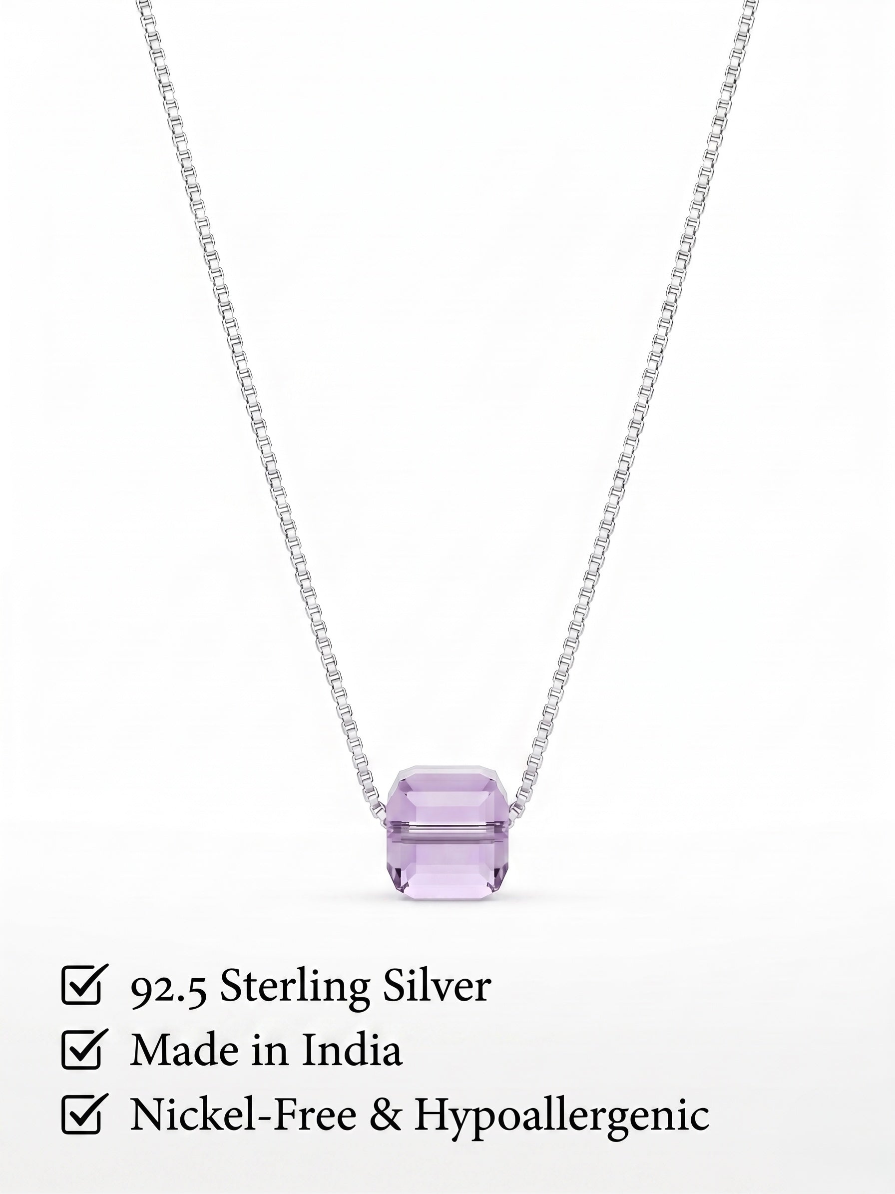 925 Sterling Silver Emerald-Cut Purple Solitaire Pendant Necklace for Women