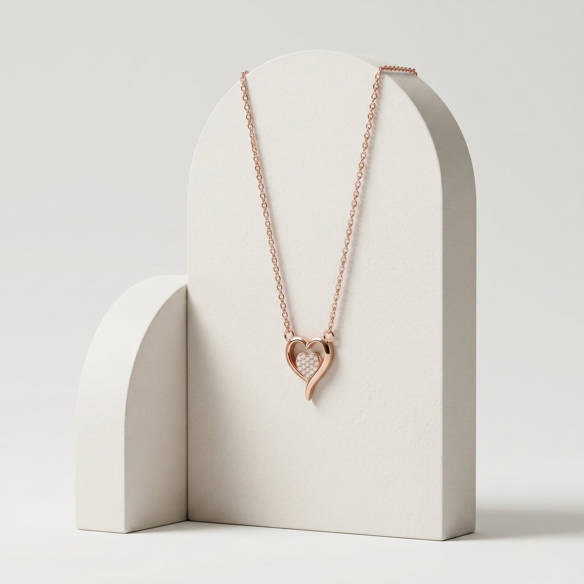 925 Sterling Silver Rose Gold Open Heart Cubic Zirconia Pendant Necklace for Women