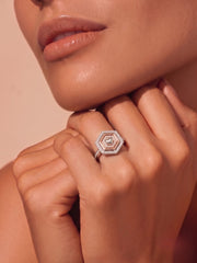 925 Sterling Silver Hexagon Heart Geometric Ring for Women
