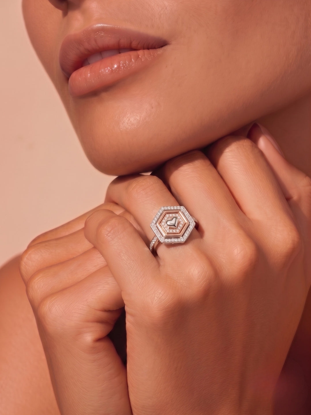 925 Sterling Silver Hexagon Heart Geometric Ring for Women