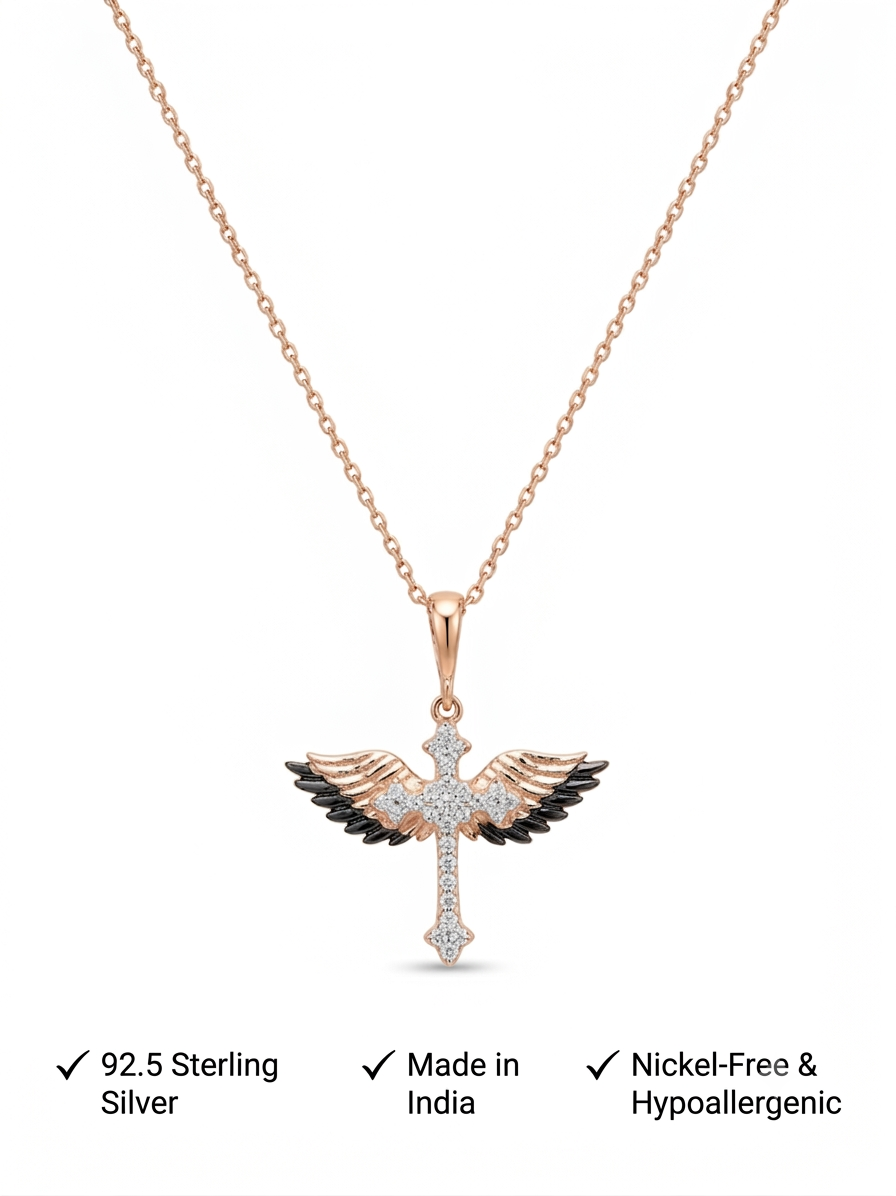 925 Sterling Silver Rose Gold Angel Winged Cross Pendant Necklace for women