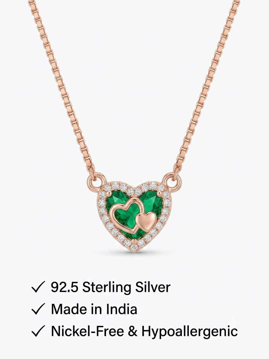 925 Sterling Silver Emerald Heart Necklace for Women
