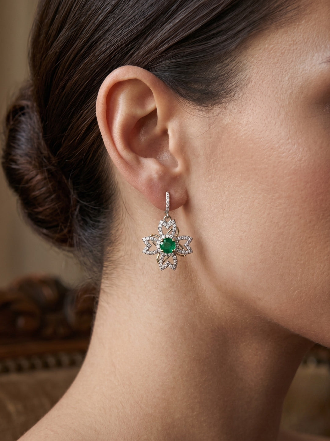 925 Silver Emerald Flower Drop Earrings for Women