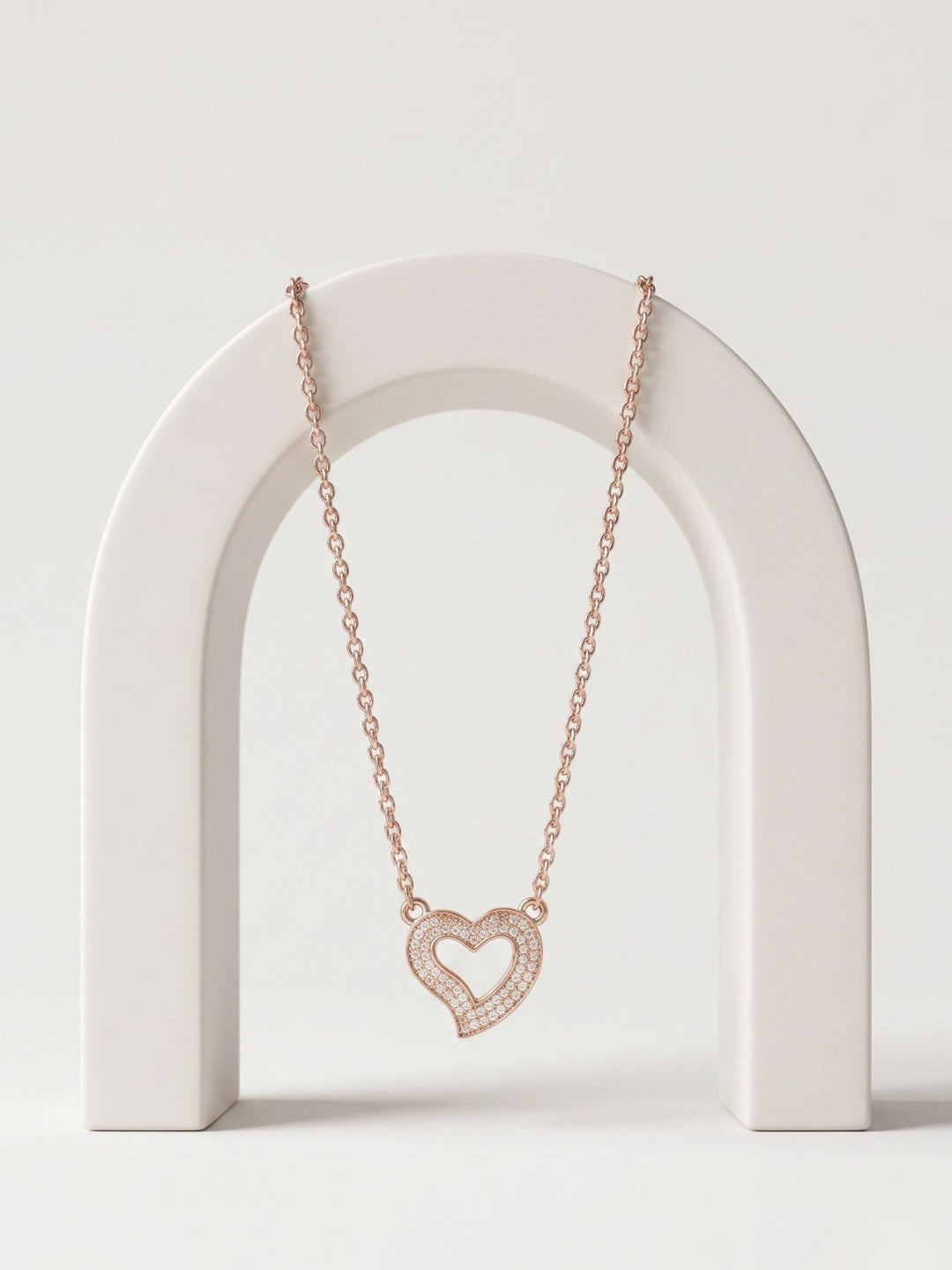925 Sterling Silver Rose Gold Open Heart CZ Necklace for Women