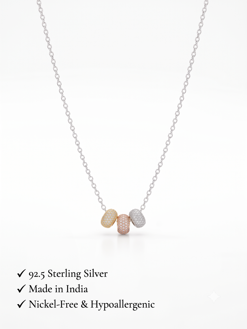 925 Sterling Silver Tri-Color Pavé CZ Bead Pendant Necklace for Women