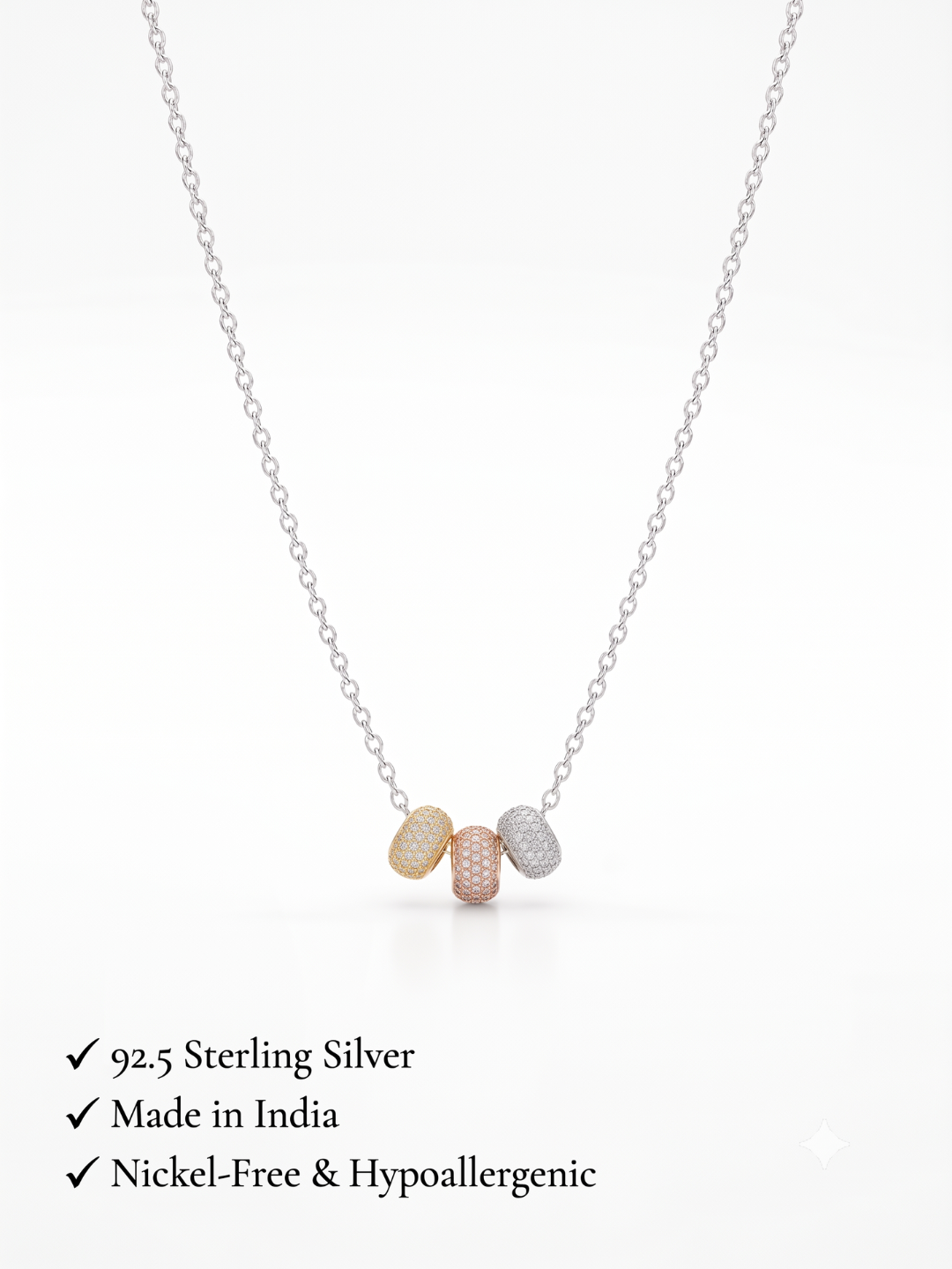 925 Sterling Silver Tri-Color Pavé CZ Bead Pendant Necklace for Women