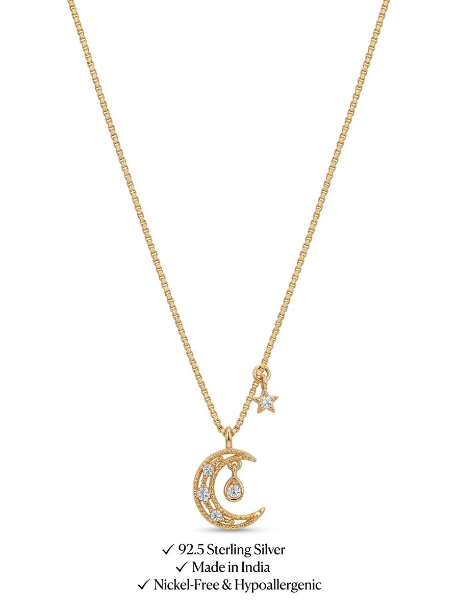 925 Sterling Silver Moon & Star Necklace for Women