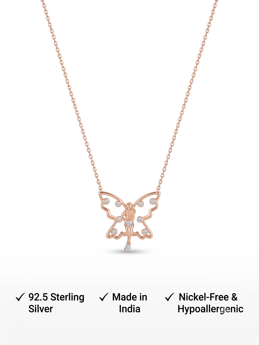 925 Sterling Silver Dainty Rose Gold Butterfly Fairy Pendant Necklace for Women