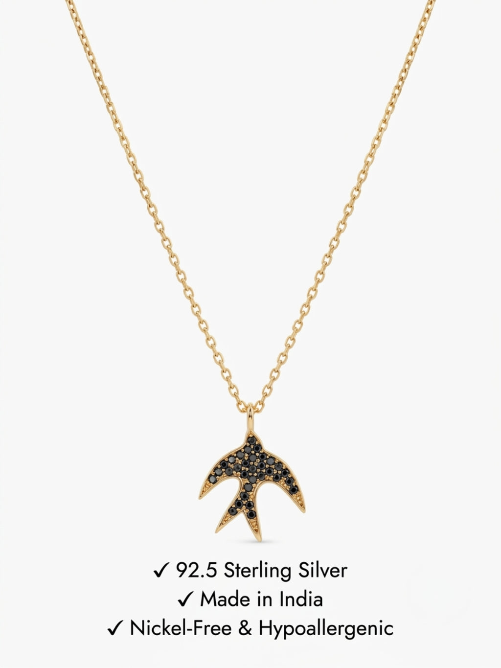 925 Sterling Silver Sparkling Black Spinel Bird Pendant Necklace for Women