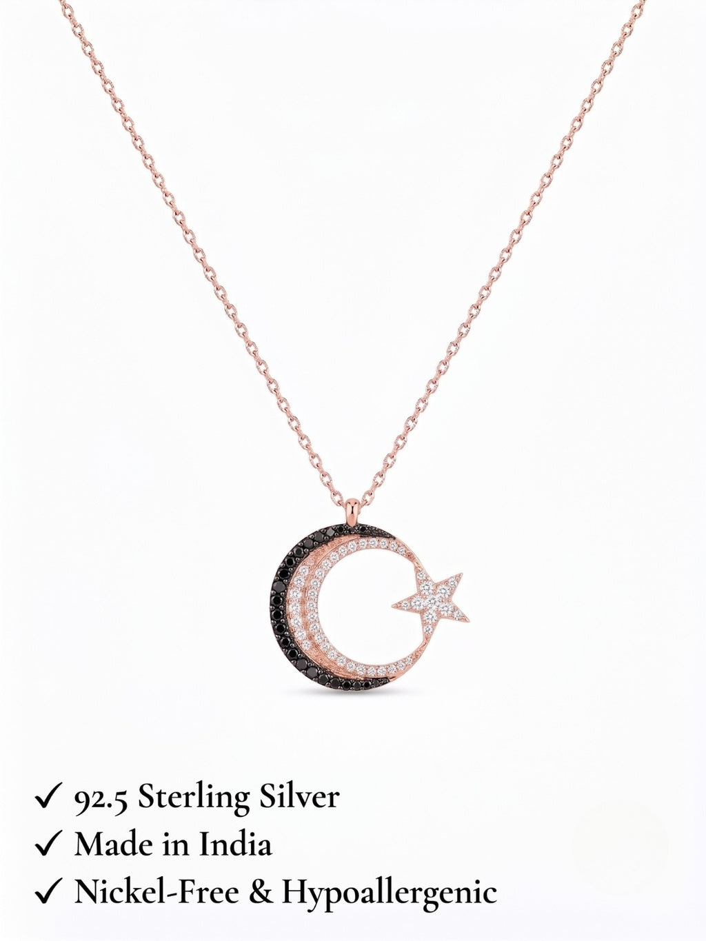 925 Sterling Silver Luna Noir Crescent Star Necklace for Women