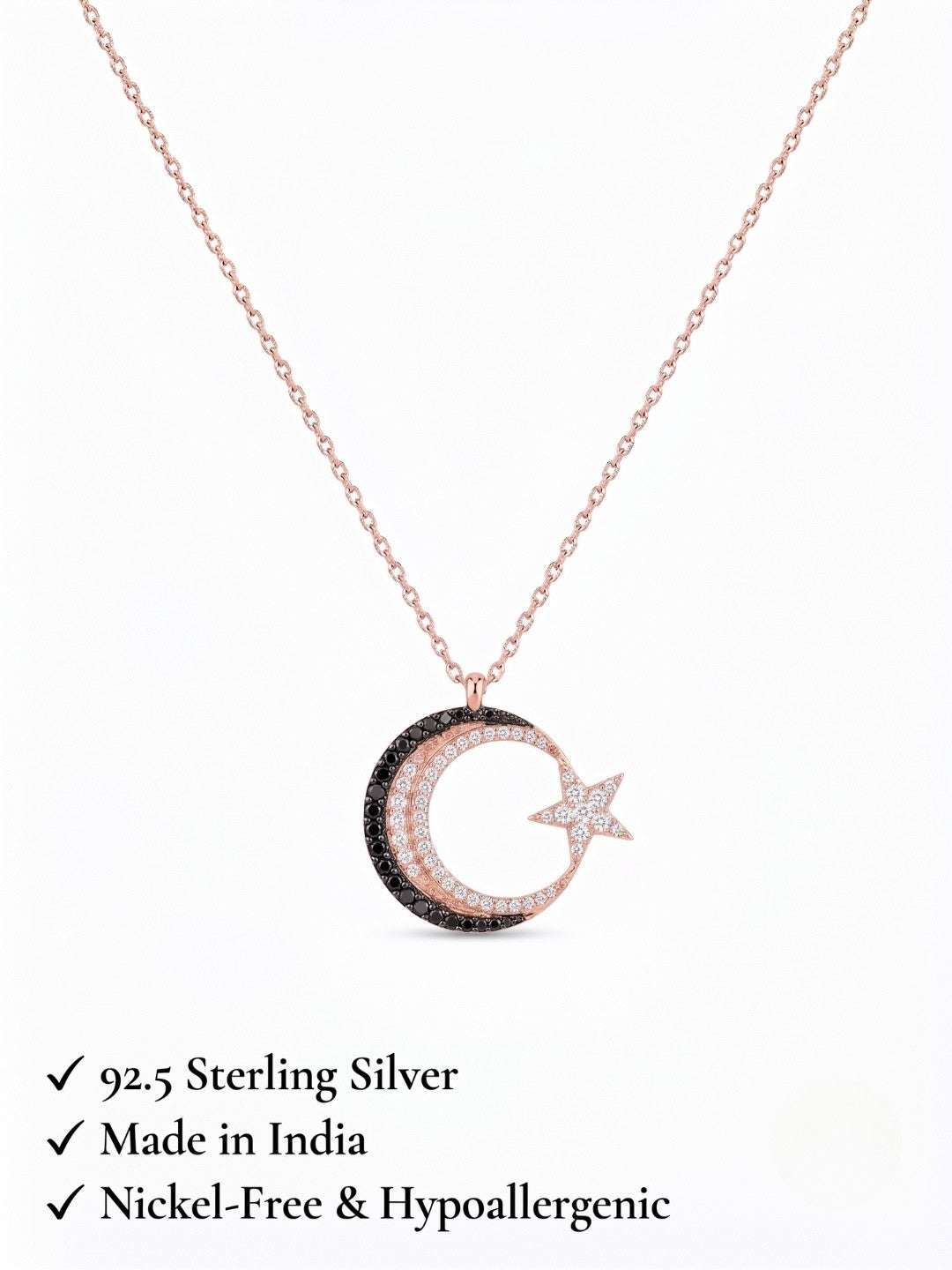 925 Sterling Silver Luna Noir Crescent Star Necklace for Women