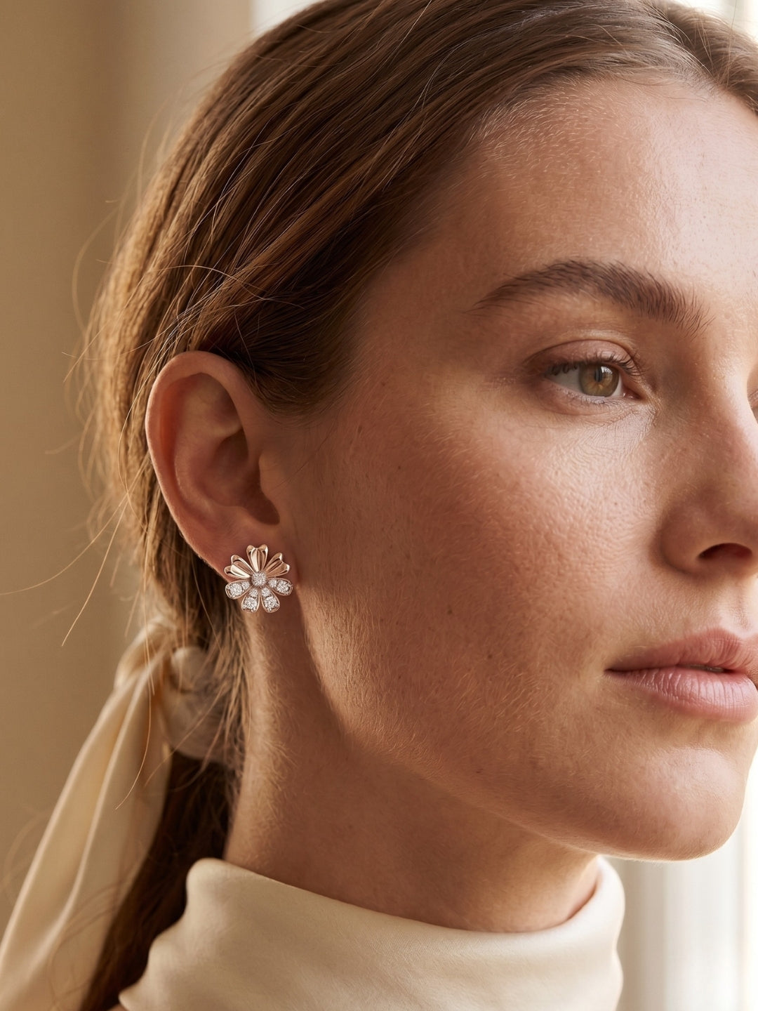 925 Silver Rose Gold Bloom Flower Stud Earrings for Women