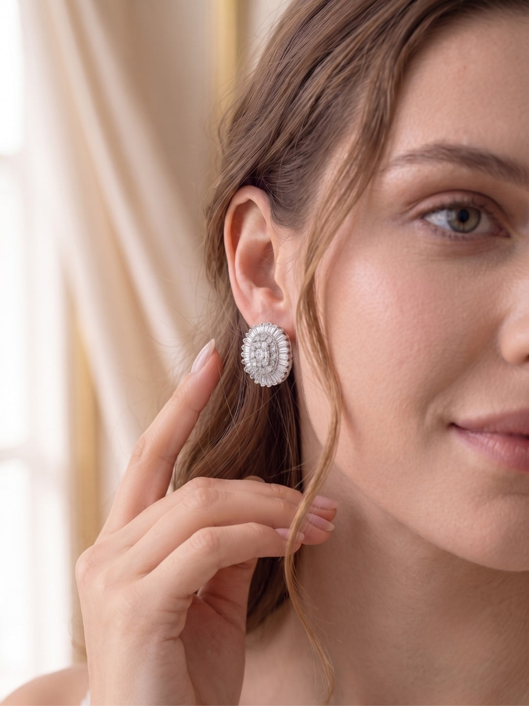 925 Silver Oval Halo Stud Earrings for Women