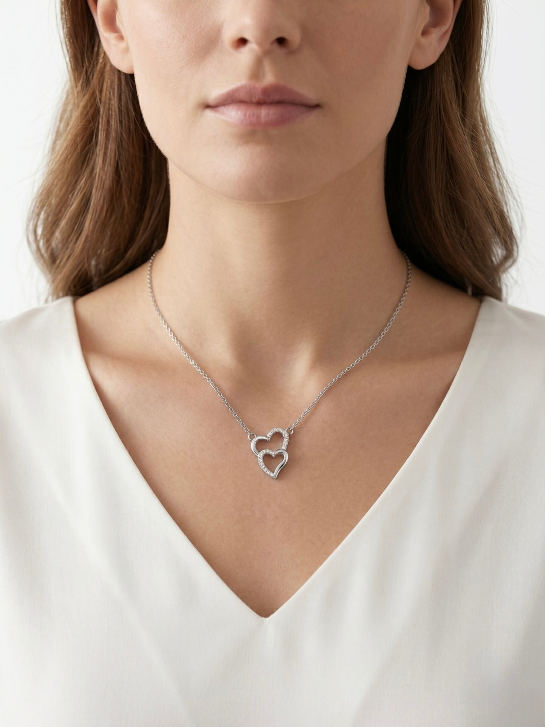 925 Sterling Silver Romantic Double Heart CZ Necklace for Women