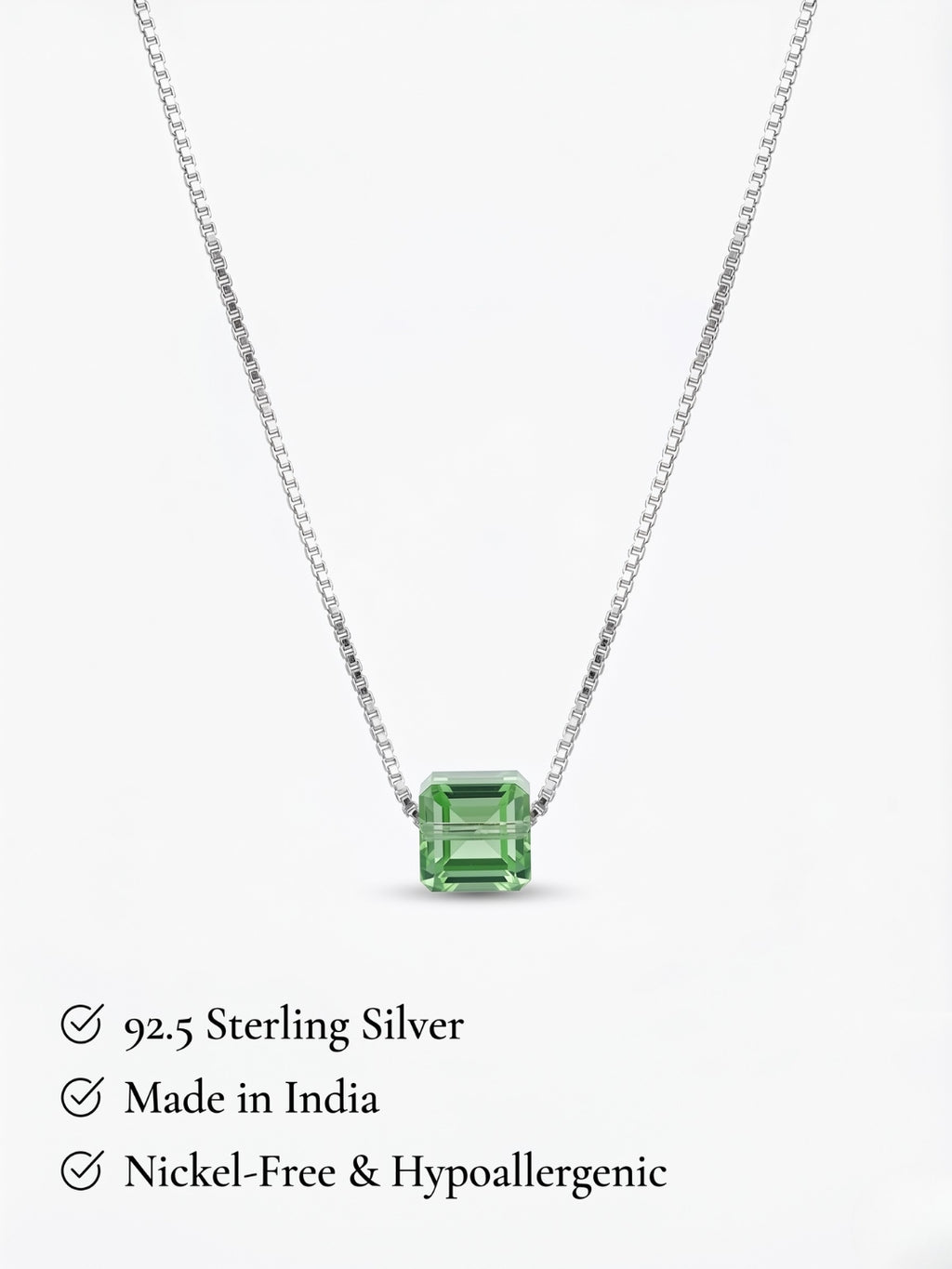 925 Sterling Silver Emerald Green Emerald-Cut Solitaire Pendant Necklace For Women