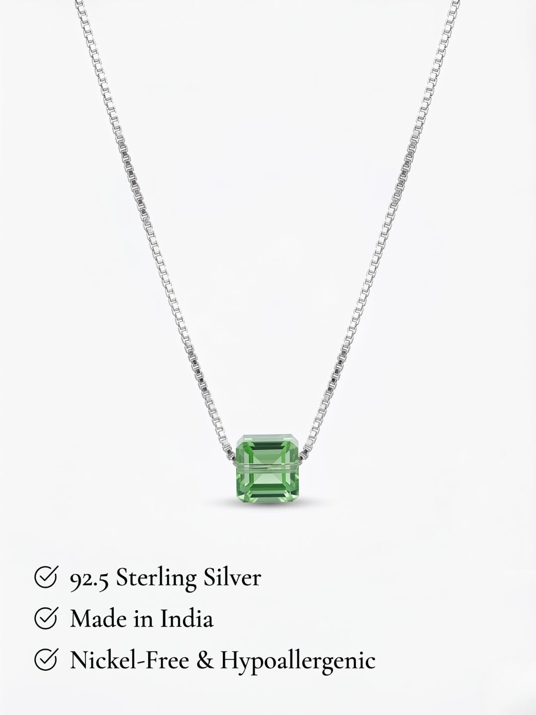 925 Sterling Silver Emerald Green Emerald-Cut Solitaire Pendant Necklace For Women