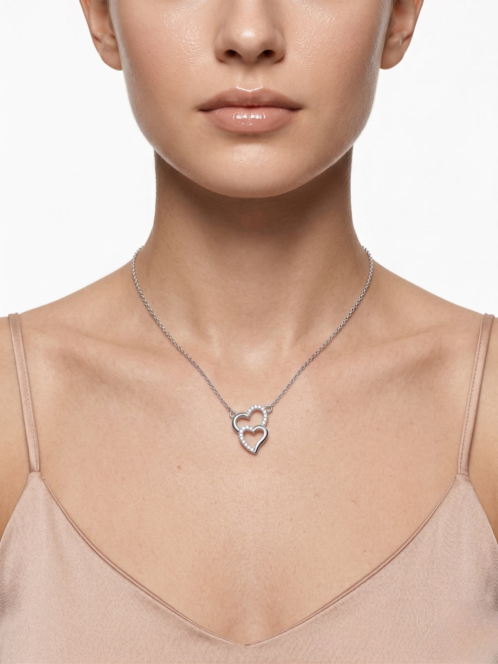 925 Sterling Silver Romantic Double Heart CZ Necklace for Women
