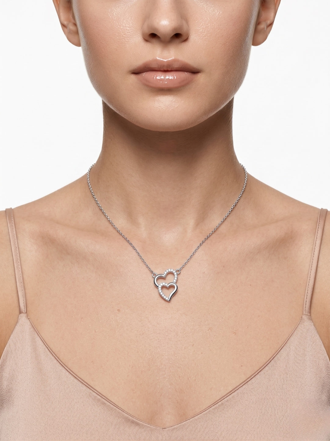925 Sterling Silver Romantic Double Heart CZ Necklace for Women