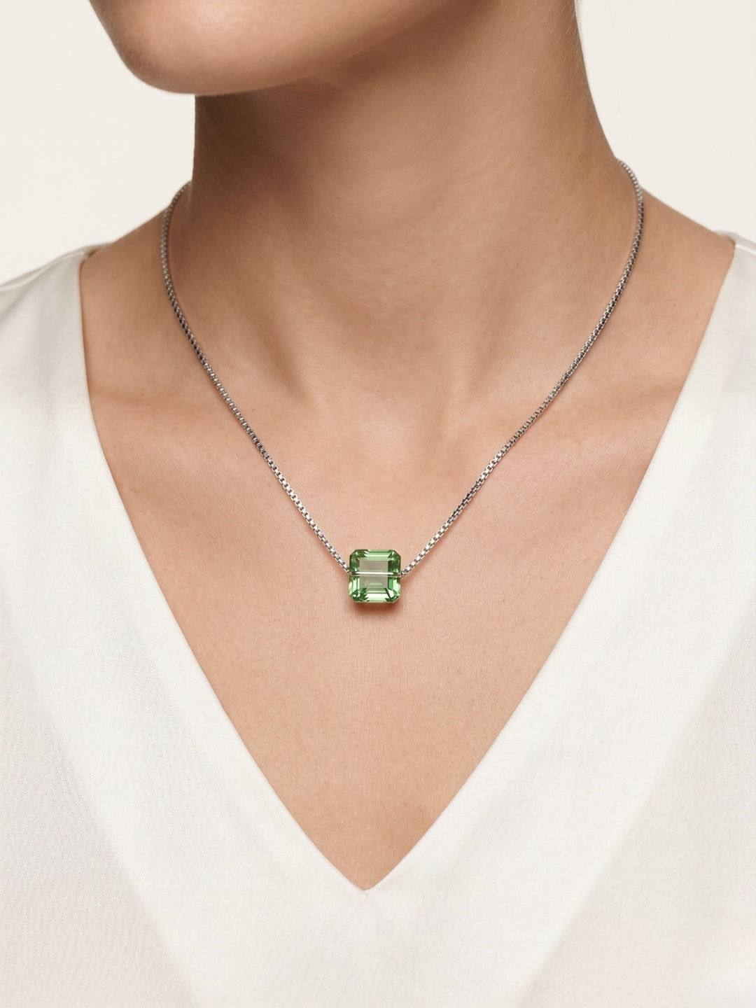 925 Sterling Silver Emerald Green Emerald-Cut Solitaire Pendant Necklace For Women