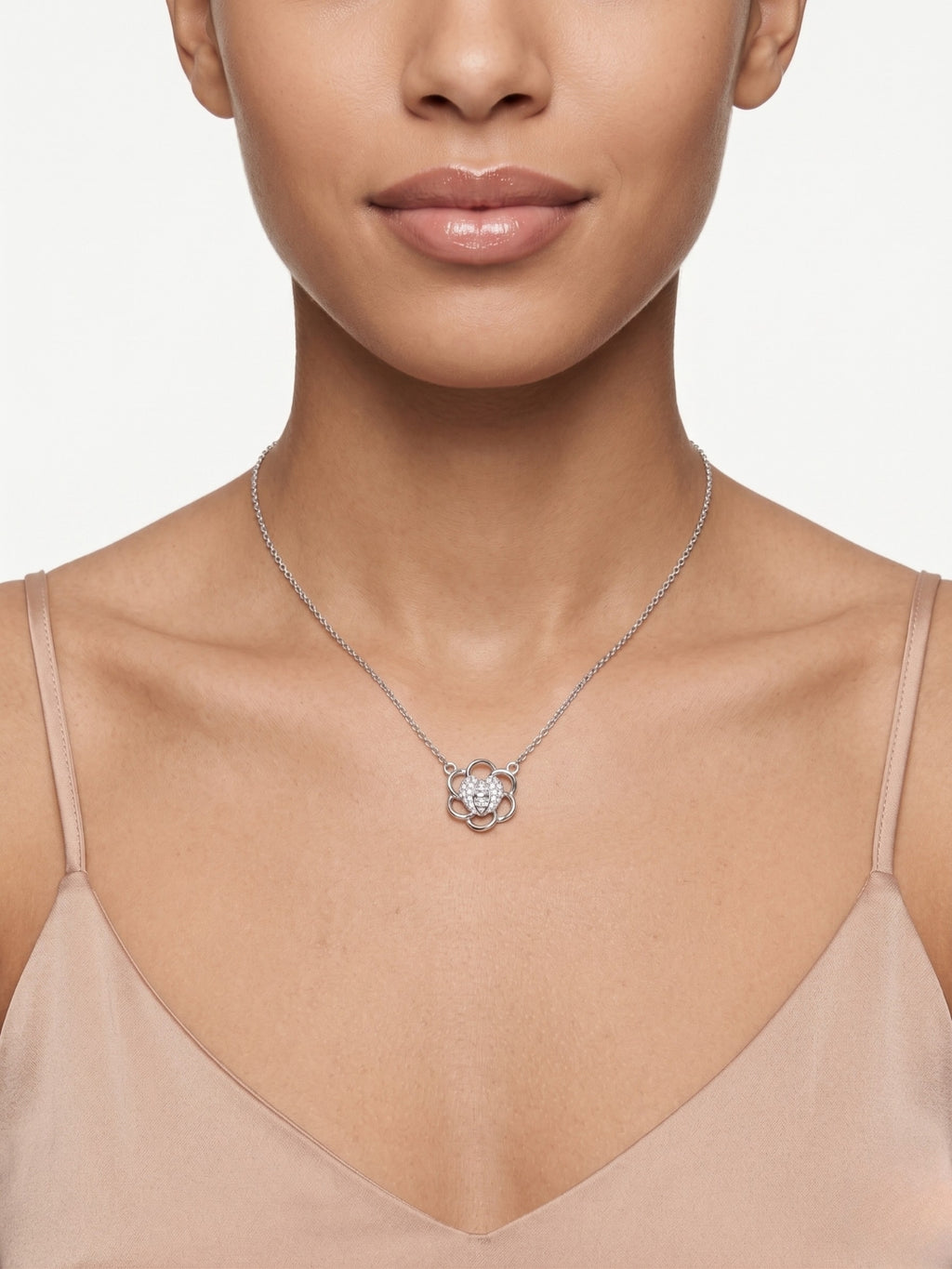 925 Sterling Silver Floral Heart CZ Pendant Necklace for Women