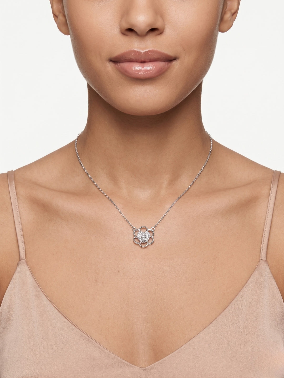 925 Sterling Silver Floral Heart CZ Pendant Necklace for Women