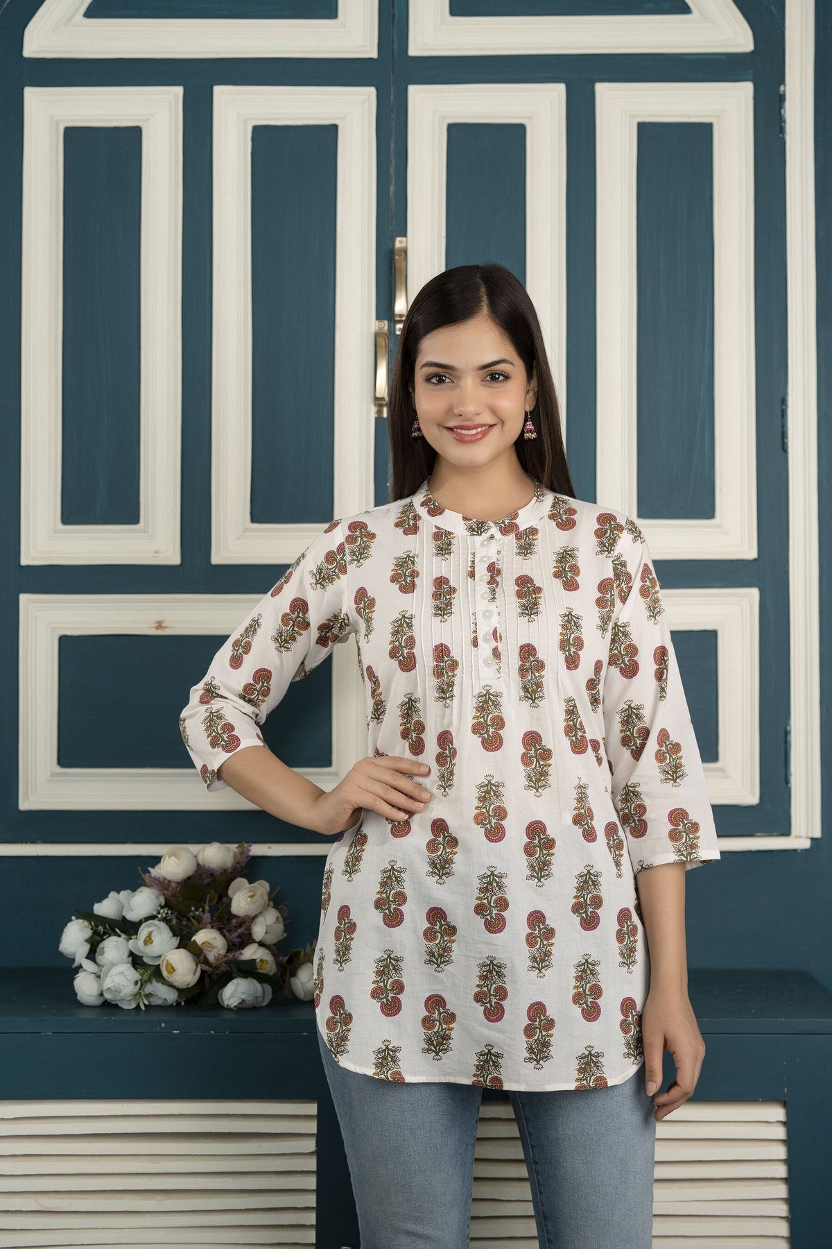 White printed 3/4th sleeve cotton tunic