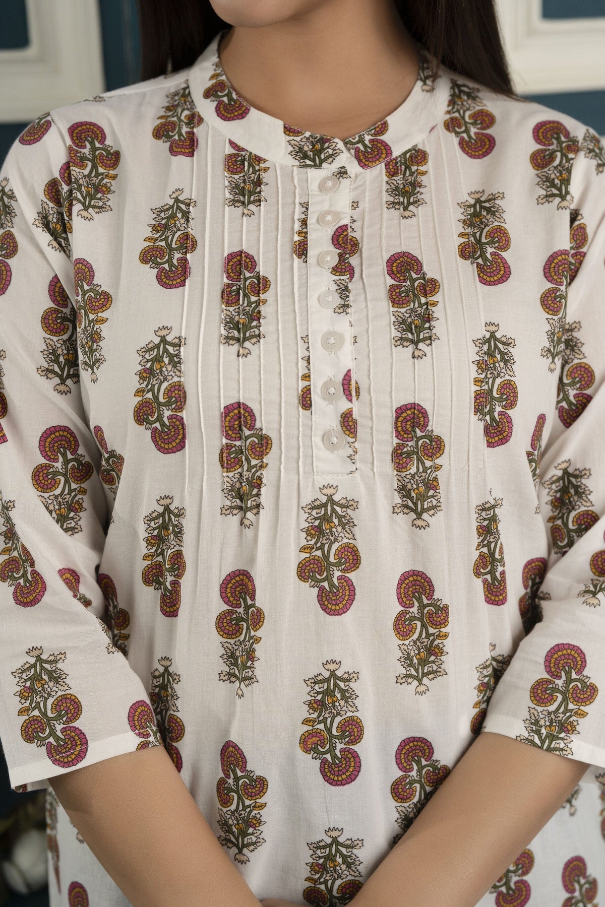 White printed 3/4th sleeve cotton tunic