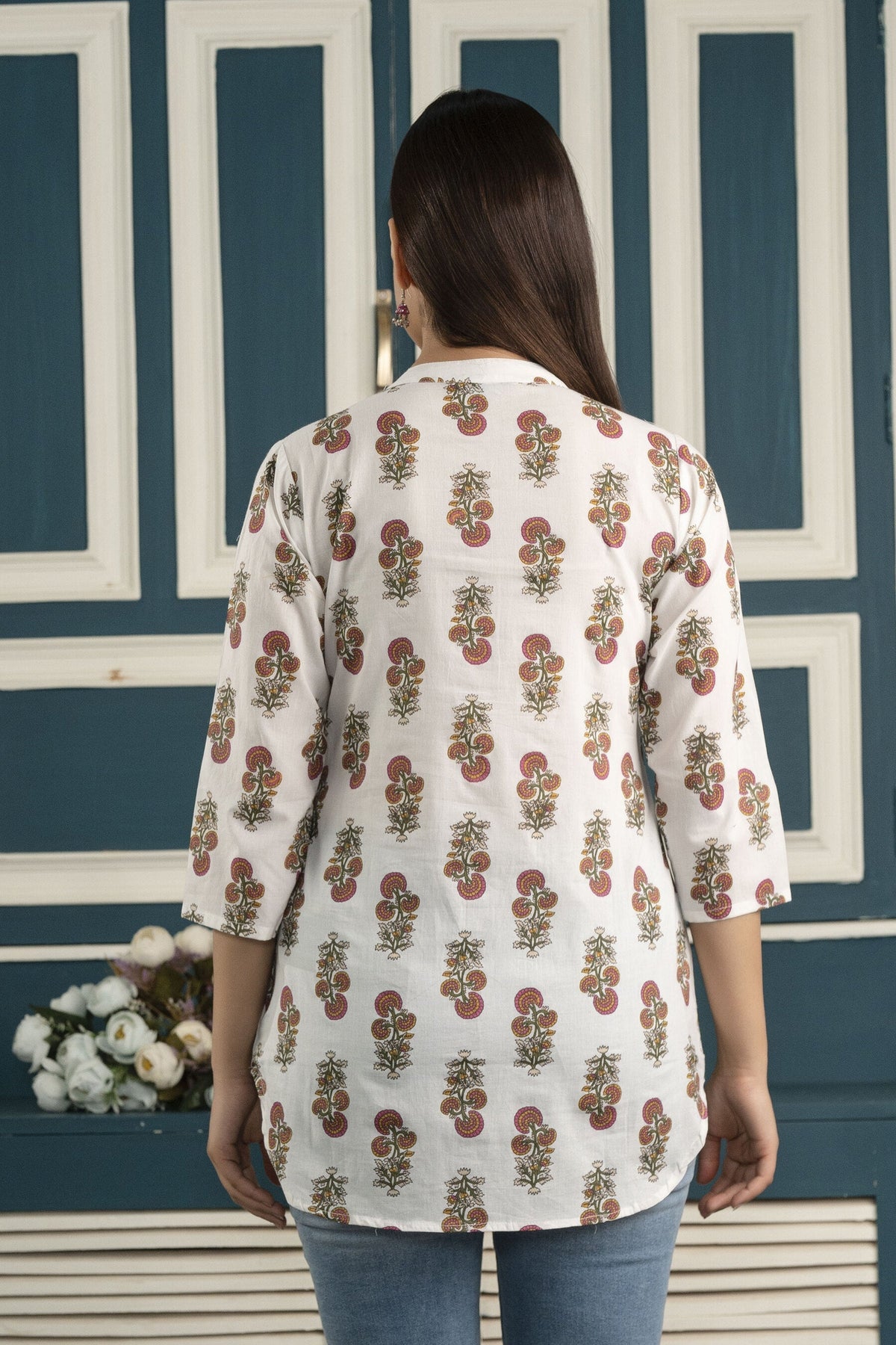White printed 3/4th sleeve cotton tunic