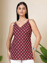 Women Burgundy Printed Straight Tunic