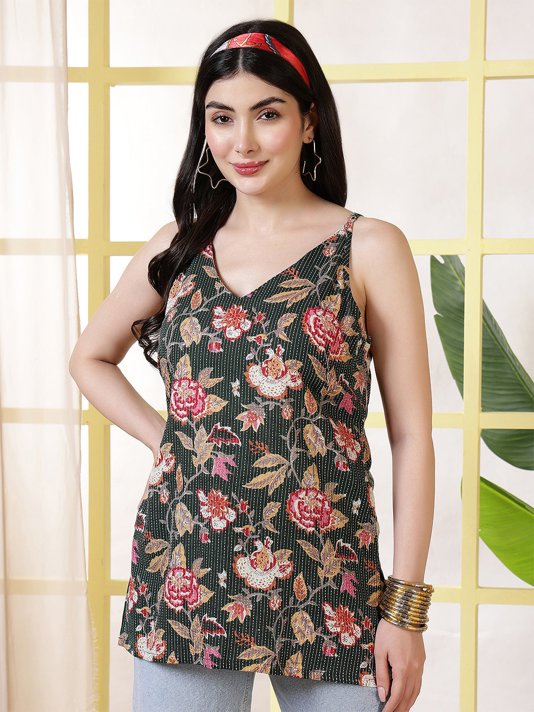 Women Green Printed Straight Tunic