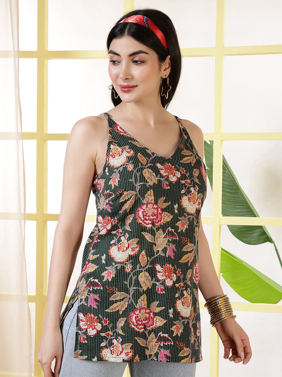 Women Green Printed Straight Tunic