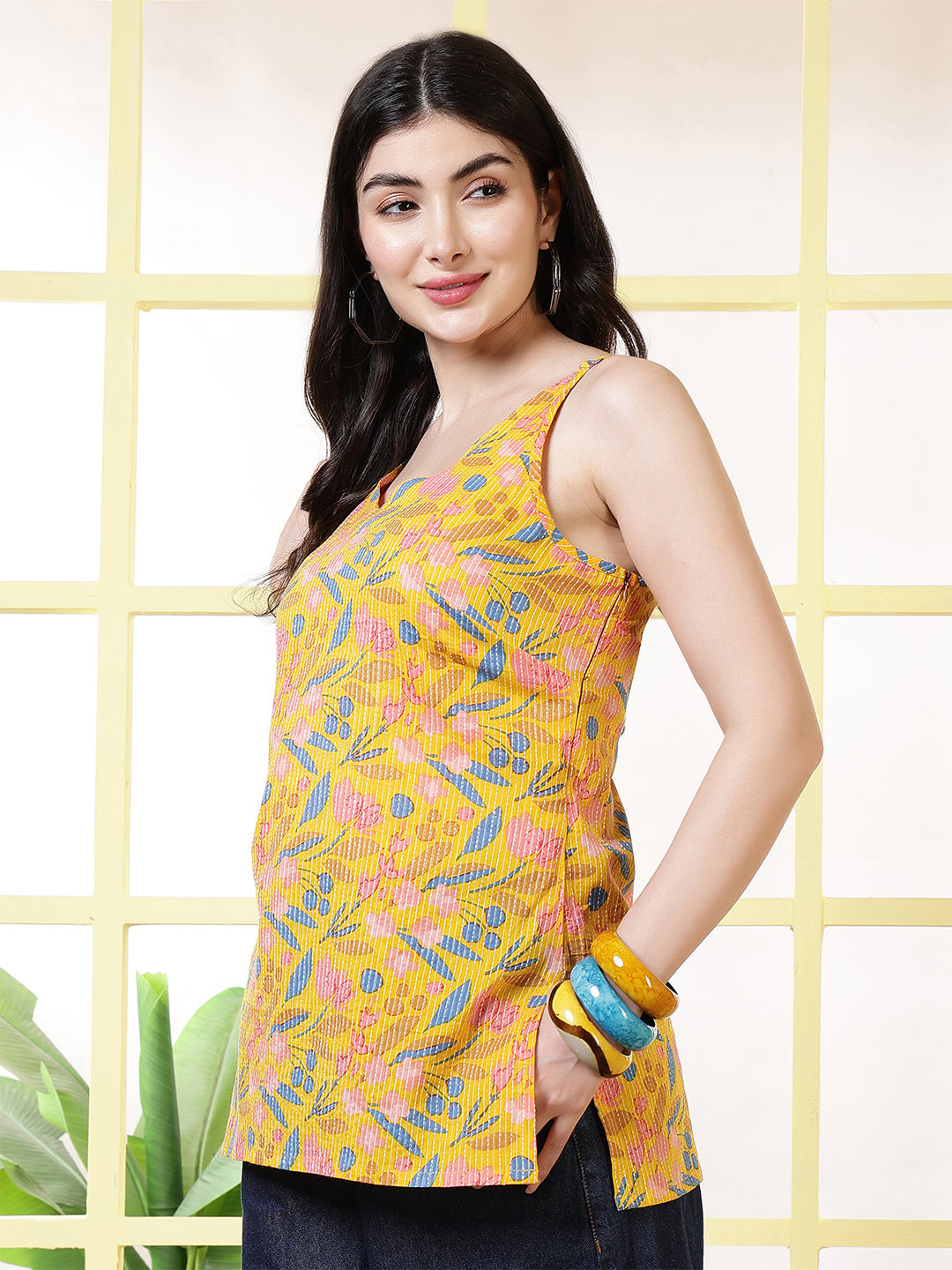 Women Yellow Printed Straight Tunic