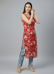 Red Printed Stylish Back Straight Sleeveless Kurta