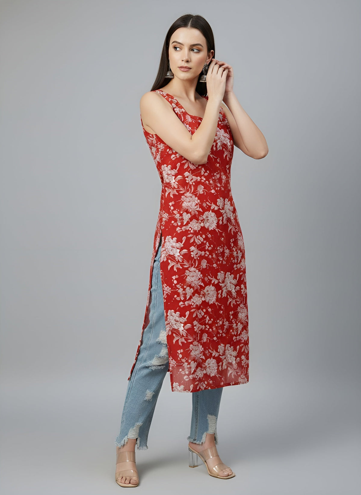 Red Printed Stylish Back Straight Sleeveless Kurta
