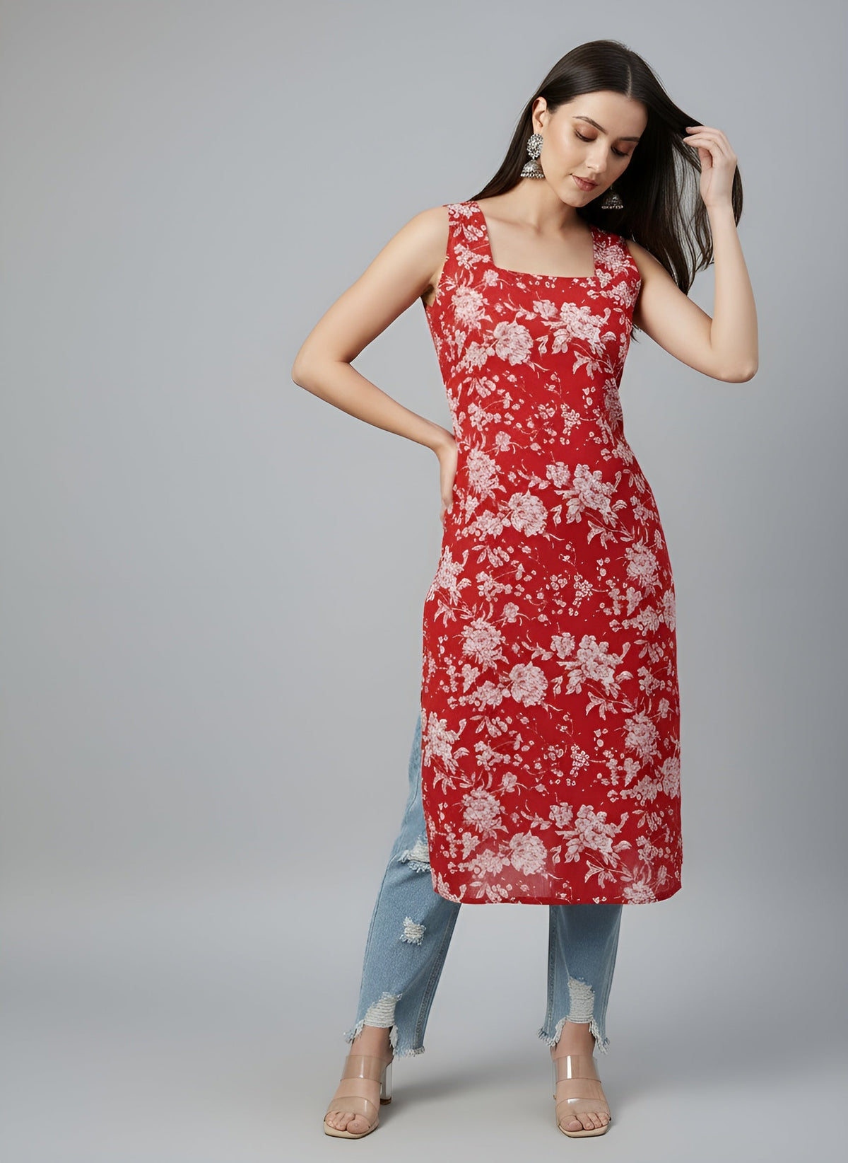Red Printed Stylish Back Straight Sleeveless Kurta