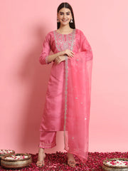 Aarohi Cherry Red Embroidered Kurta Set with Organza Dupatta