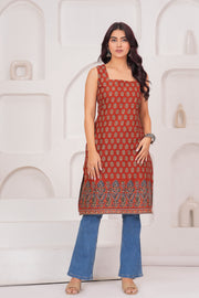 Rust Printed Stylish Back Straight Sleeveless Kurta