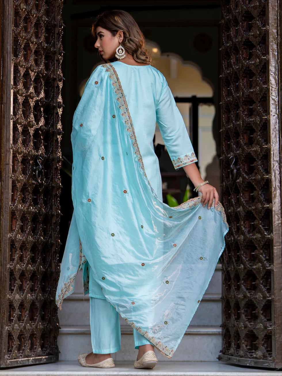 Floral Embroidered Silk Round Neck Kurta Trouser & Dupatta Set