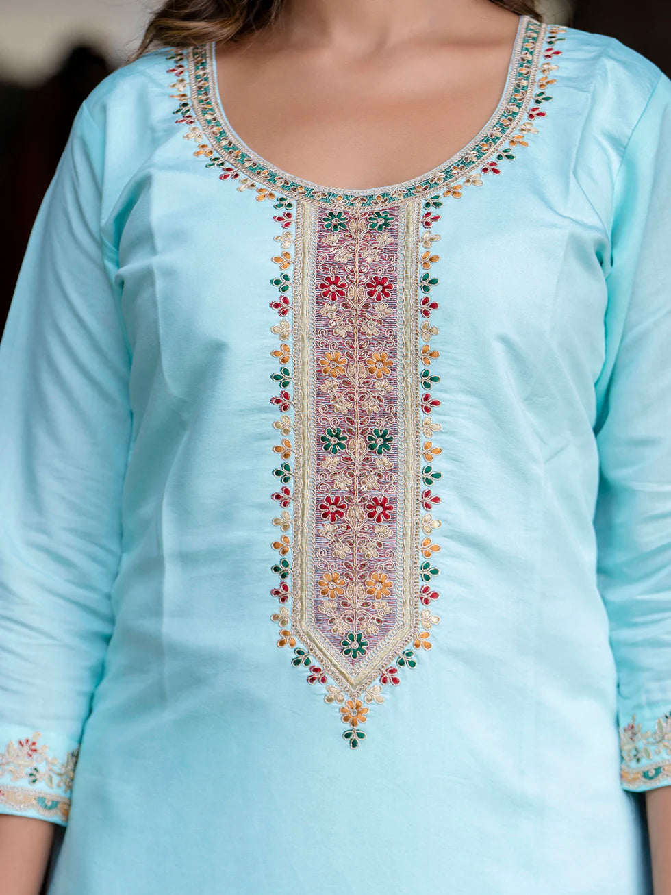 Floral Embroidered Silk Round Neck Kurta Trouser & Dupatta Set