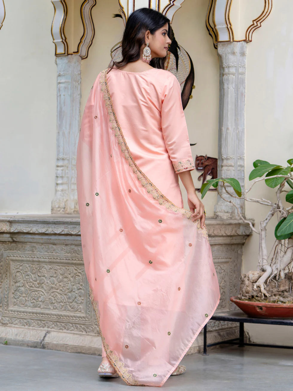 Floral Embroidered Silk Round Neck Kurta Trouser & Dupatta Set