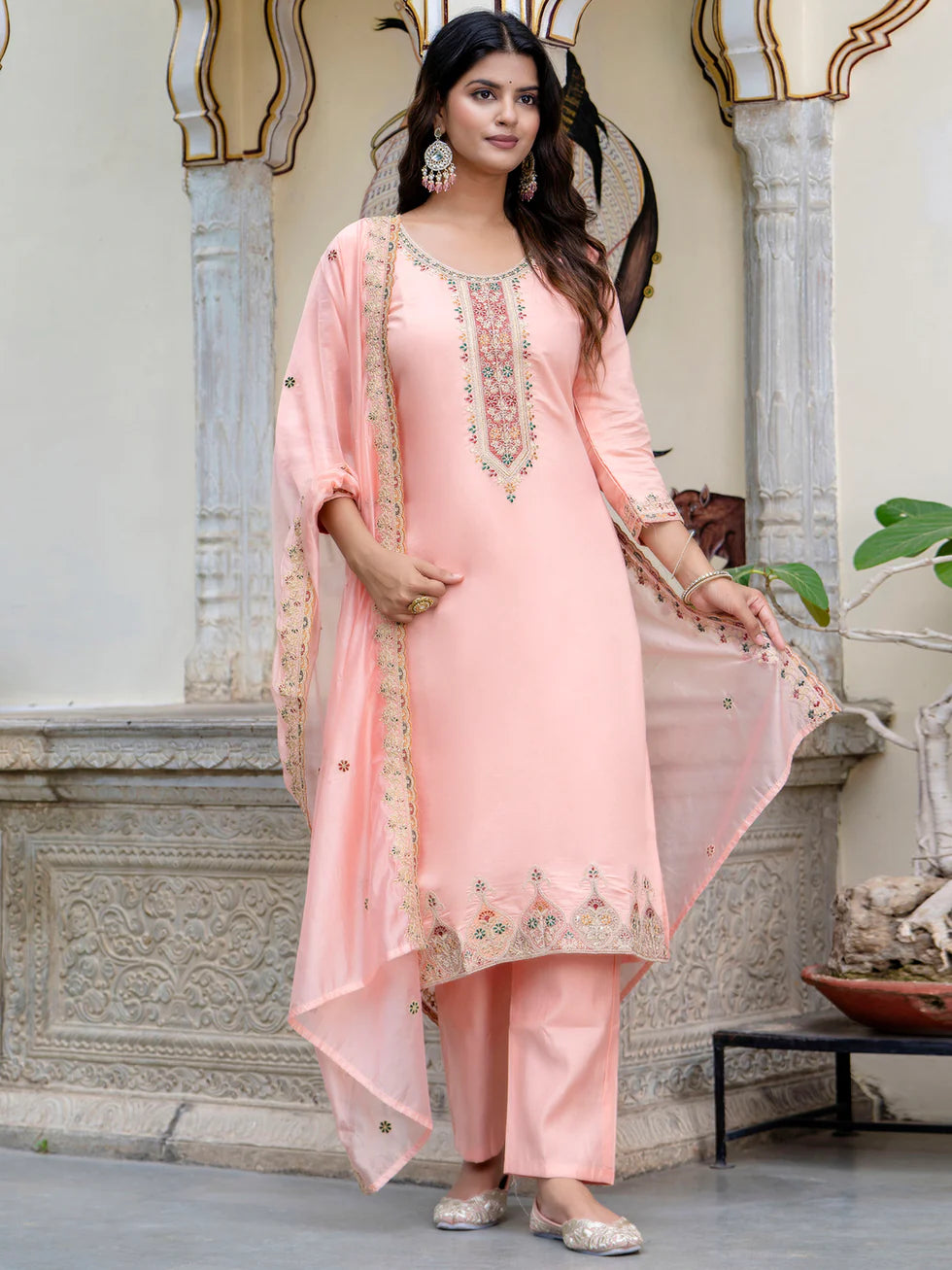 Floral Embroidered Silk Round Neck Kurta Trouser & Dupatta Set