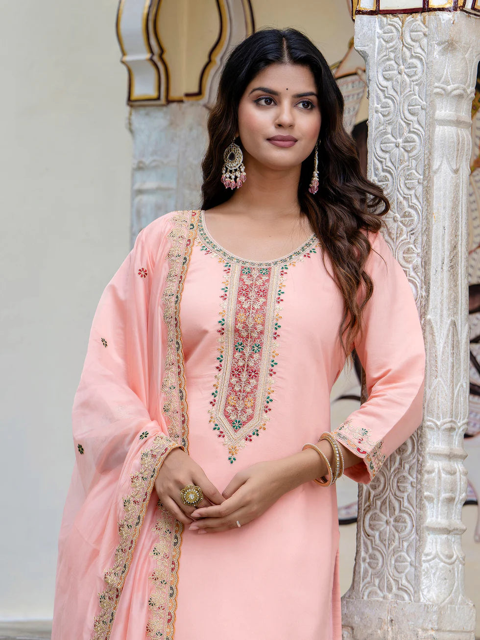 Floral Embroidered Silk Round Neck Kurta Trouser & Dupatta Set